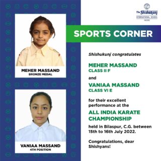 Emblazoning her name across the national leaderboard, Meher Massand, Class 2 won the bronze medal in her category in the All India National karate championship held at Bilaspur. Vaniaa Massand, Class 6 gave a very tough fight to a black belt holder and stood fourth. Confident and personable, both the girls are extremely passionate about their game. We wish them great success in the coming years.

#shishukunjindore #theshishukunjinternationalschoolindore #cbseschoolindore  #cbseschoolmp #cbsemp  #leteverybudbloom #nationalkaratechampionship #nationalkaraterankholders