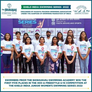 Shishukunj Swimming Academy made its mark again at the Prestigious Khelo India Junior Women’s Swimming Series 2022. In a thrilling testament to their hard work, the first five places of the U-15 400 m Freestyle Competition were all won by Swimmers of Shishukunj Swimming Academy! The winners, in order from the 1st place to 5th place were as follows: Kavya Verma, Darpan Sirohi, Ananya Julka, Zahra Rangwala and Mishti Khasgiwale. Swimmers Bhumi Agrawal, who won 3 Golds and 1 Bronze medal, Anvika Das and Sanya Pancholi also performed with great vigour in the series to bring laurels!

Organised by Khelo India Initiative, the series was held in Hoshangabad between 20th and 21st August 2022, amongst swimmers from the states of M.P., Chhattisgarh, Odisha, Bihar and Jharkhand. With the intention of promoting the sport and to find new talent, the winners of the series were awarded cash prizes ranging from Rs. 6000/- to Rs. 2000/-.

Kudos on your performance, swimmers!

#shishukunjindore #theshishukunjinternationalschoolindore #cbseschoolindore  #cbseschoolmp #cbsemp  #leteverybudbloom #shishyansshine #swimmersindore #medalists #nationalswimmers #indianswimmingteam #indianswimmer #youngindianswimmers #swimming #shishukunjswimmingacademy